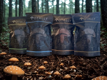 Four Totally Mushrooms product pouches displayed in a woodland setting