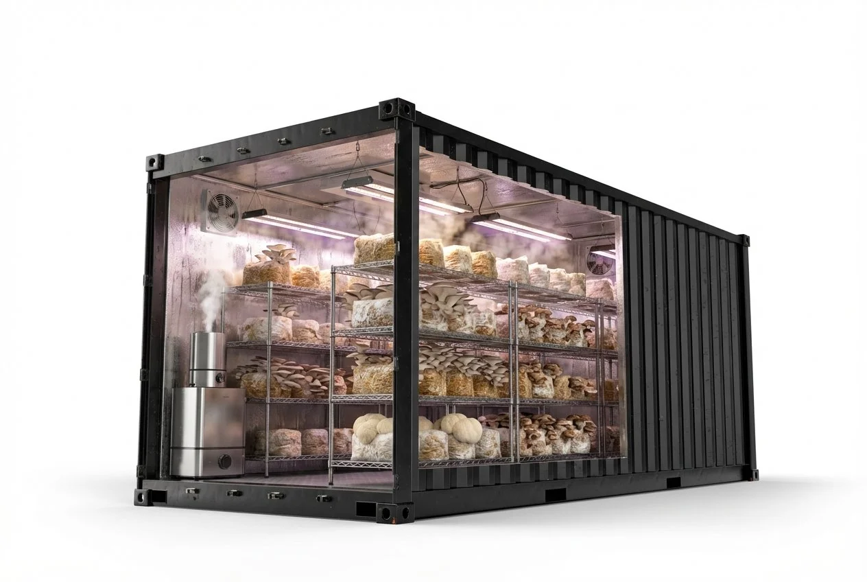Container concept cutaway showing vertical racks, lights and ventilation