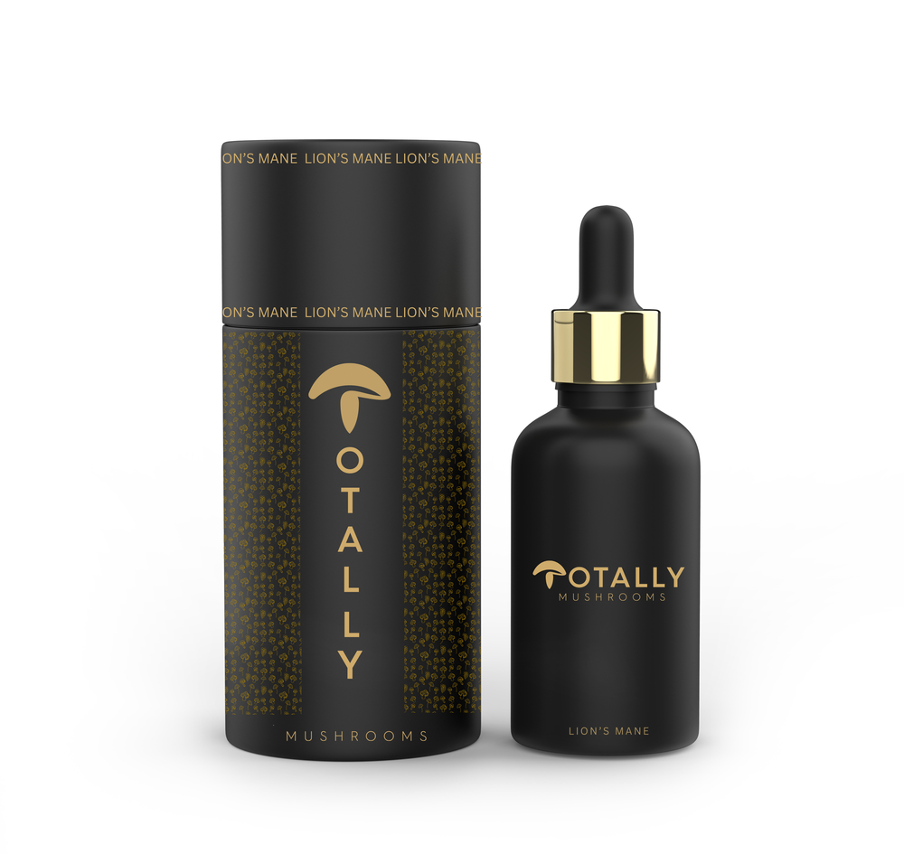 Totally Mushrooms Lion's Mane tincture and black-and-gold packaging