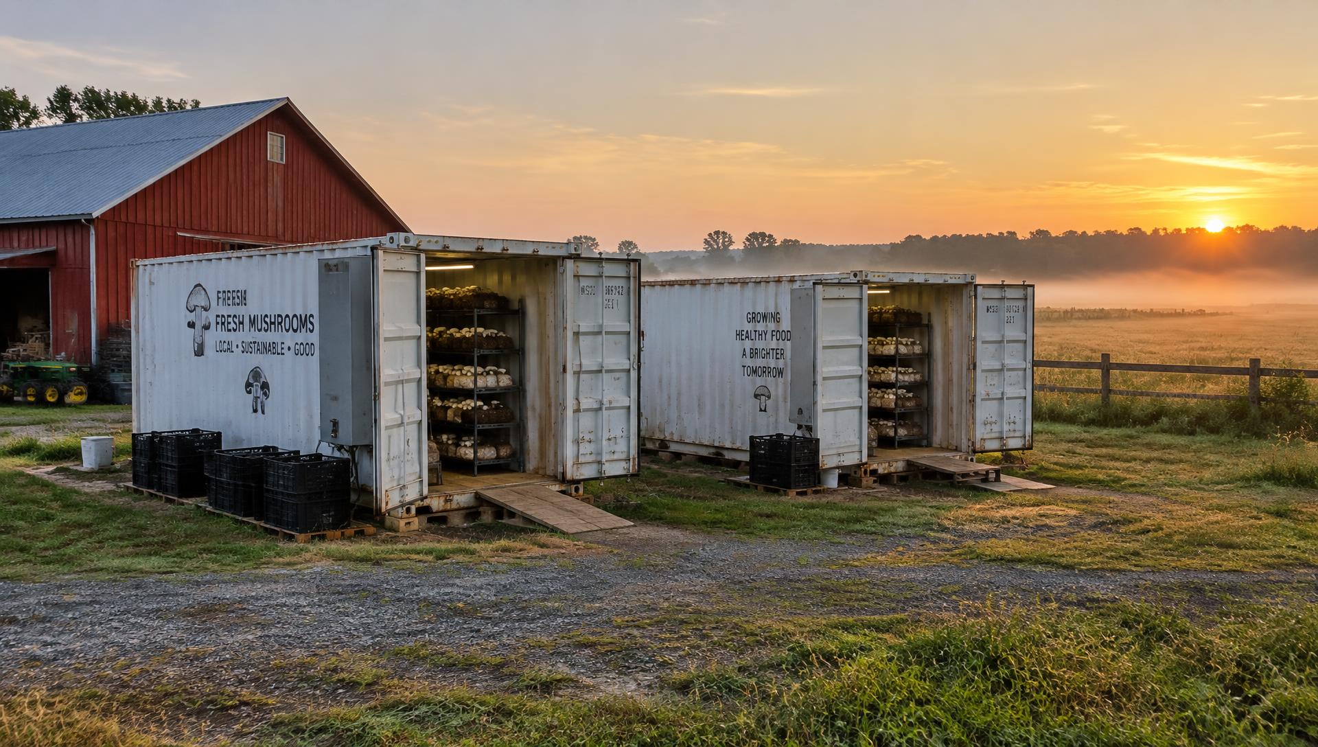 Converted shipping-container grow rooms beside a red barn at sunrise
