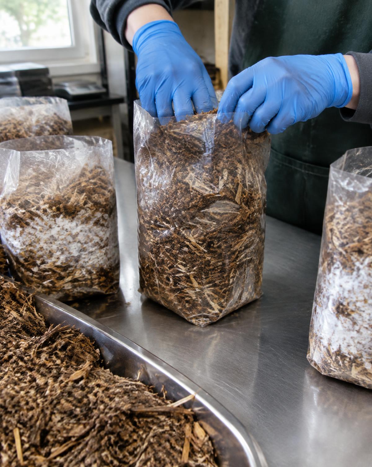 Gloved hands packing hardwood substrate into grow bags